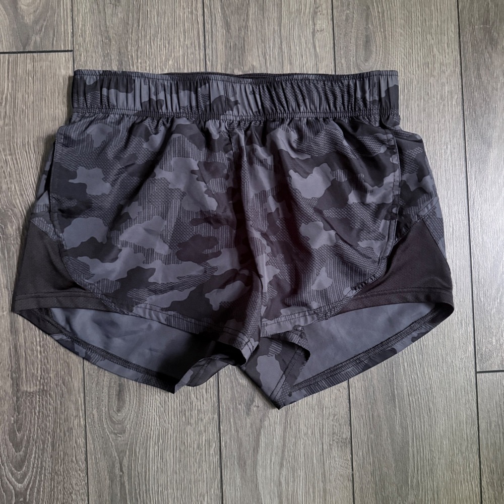 Athletic Works Mens Camo Running Shorts Black Charcoal Mesh Pocket S 4-6 3T384
